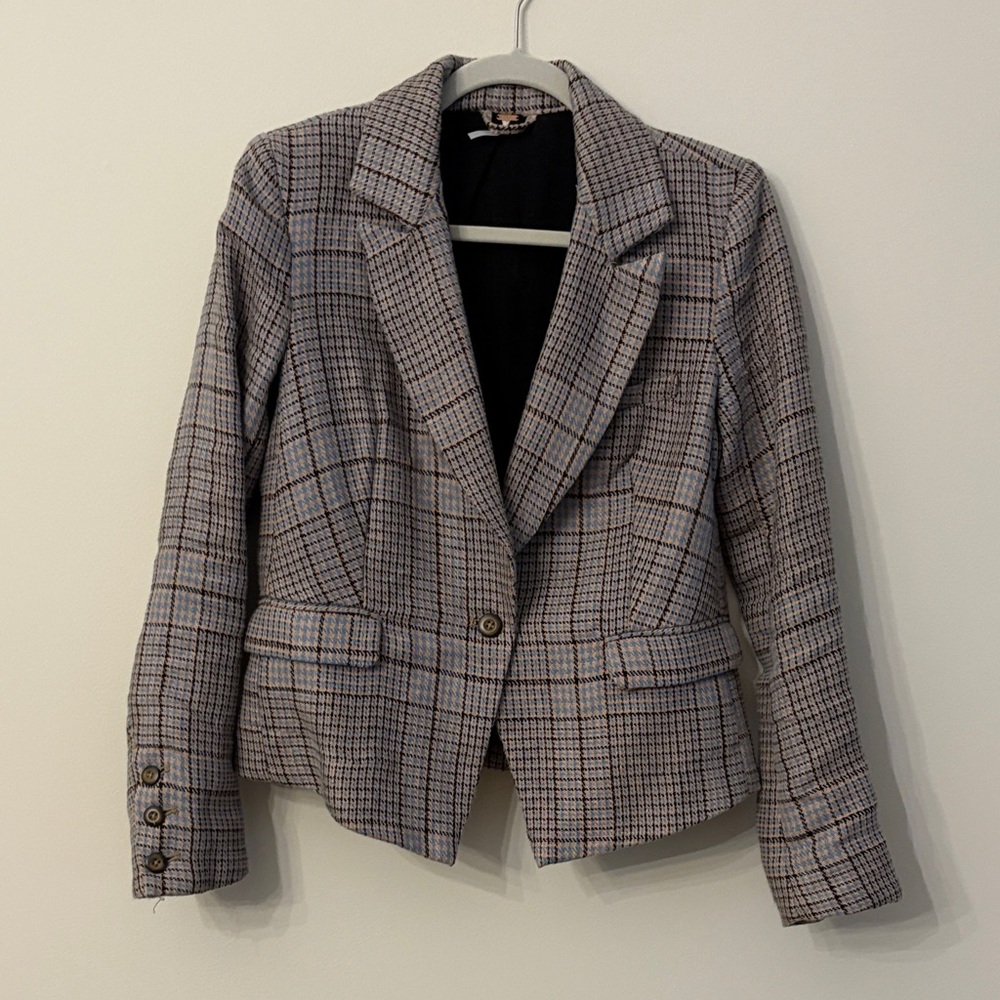 Free People Checkered Blazer in light blue, pink and brown